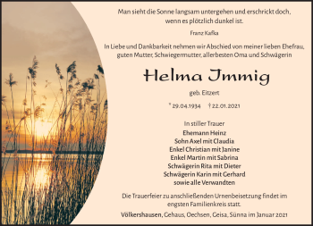 Traueranzeige von Helma Immig von Südthüringer Presse