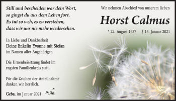 Traueranzeige von Horst Calmus von Südthüringer Presse