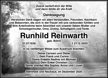 Traueranzeige von Runhild Reinhardt von Südthüringer Presse