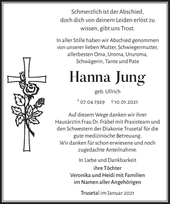 Traueranzeige von Hanna Jung von Südthüringer Presse
