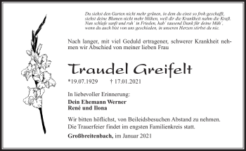 Traueranzeige von Traudel Greifelt von Südthüringer Presse