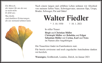 Traueranzeige von Walter Fiedler von Südthüringer Presse