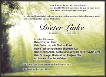 Traueranzeige von Dieter Linke von Südthüringer Presse