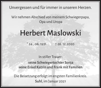 Traueranzeige von Herbert Maslowski von Südthüringer Presse
