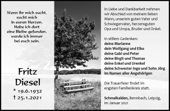 Traueranzeige von Fritz Diesel von Südthüringer Presse
