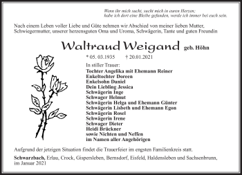 Traueranzeige von Waltraud Weigand von Südthüringer Presse