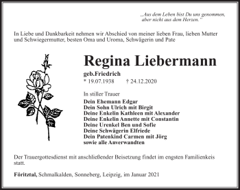 Traueranzeige von Regina Liebermann von Südthüringer Presse