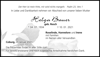 Traueranzeige von Helga Bauer von Neue Presse Coburg