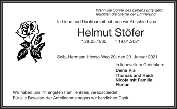 Traueranzeige von Helmut Stöfer von Frankenpost