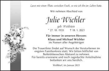 Traueranzeige von Julie Wichler von Südthüringer Presse