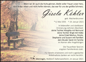 Traueranzeige von Gislea Köhler von Südthüringer Presse