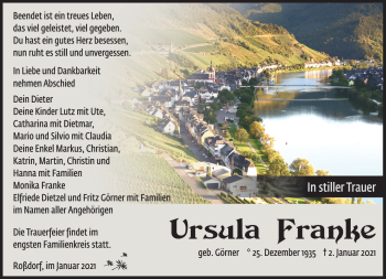 Traueranzeige von Ursula Franke von Südthüringer Presse