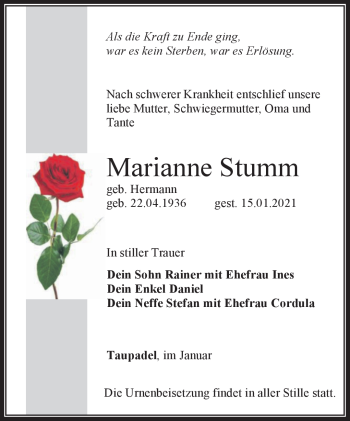 Traueranzeige von Marianne Stumm von Südthüringer Presse