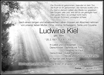 Traueranzeige von Ludwina Kiel von Südthüringer Presse