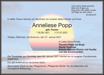 Traueranzeige von Anneliese Popp von Frankenpost
