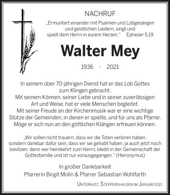 Traueranzeige von Walter Mey von Südthüringer Presse