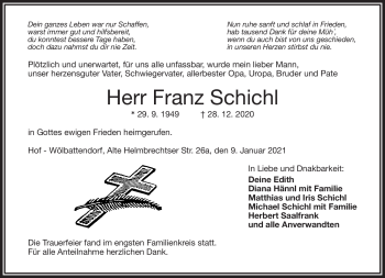 Traueranzeige von Franz Schichl von Frankenpost