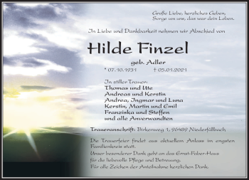 Traueranzeige von Hilde Finzel von Neue Presse Coburg