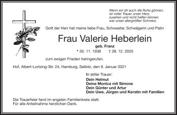 Traueranzeige von Valerie Heberlein von Frankenpost
