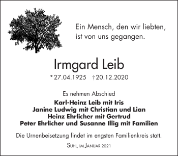 Traueranzeige von Irmgard Leib von Südthüringer Presse