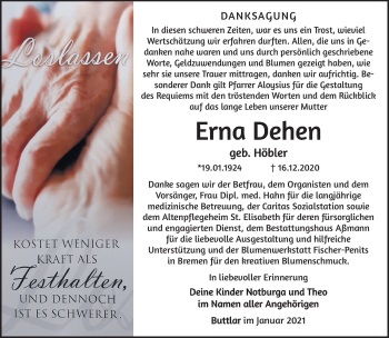 Traueranzeige von Erna Dehen von Südthüringer Presse