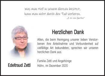 Traueranzeige von Edeltraud Zettl von Neue Presse Coburg