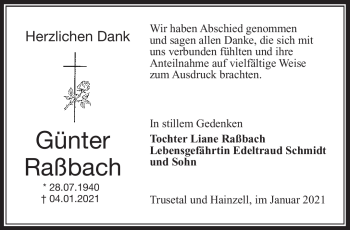 Traueranzeige von Günter Raßbach von Südthüringer Presse