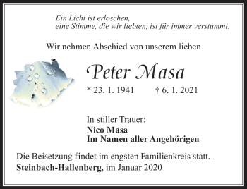 Traueranzeige von Peter Masa von Südthüringer Presse