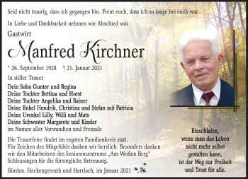 Traueranzeige von Manfred Kirchner von Südthüringer Presse
