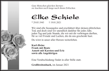 Traueranzeige von Elke Schiele von Südthüringer Presse