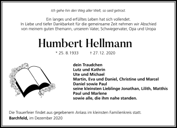 Traueranzeige von Humbert Hellmann von Südthüringer Presse