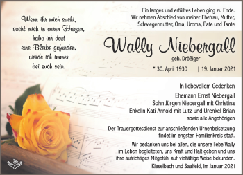 Traueranzeige von Wally Niebergall von Südthüringer Presse