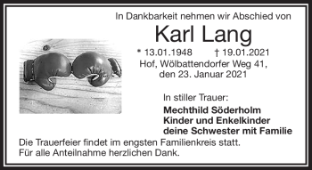Traueranzeige von Karl Lang von Frankenpost