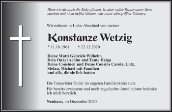 Traueranzeige von Konstanze Wetzig von Südthüringer Presse