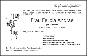 Traueranzeige von Felicia Andrae von Frankenpost