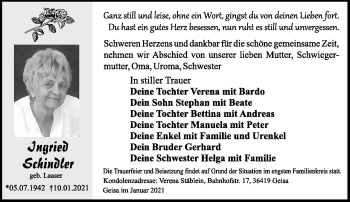 Traueranzeige von Ingried Schindler von Südthüringer Presse