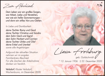Traueranzeige von Liesa Frohburg von Südthüringer Presse