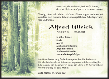Traueranzeige von Alfred Ullrich von Südthüringer Presse
