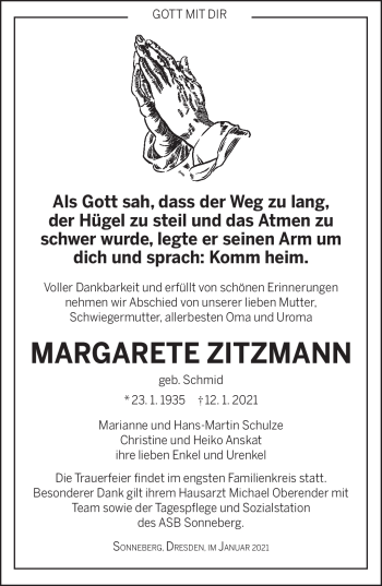 Traueranzeige von Margarete Zitzmann von Südthüringer Presse