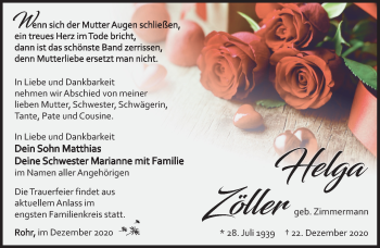 Traueranzeige von Helga Zöller von Südthüringer Presse
