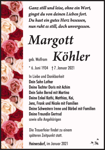 Traueranzeige von Margott Köhler von Südthüringer Presse