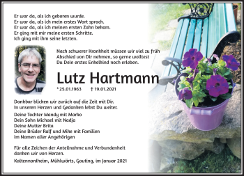 Traueranzeige von Lutz Hartmann von Südthüringer Presse