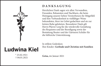 Traueranzeige von Ludwina Kiel von Südthüringer Presse