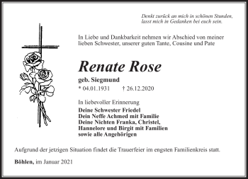 Traueranzeige von Renate Rose von Südthüringer Presse