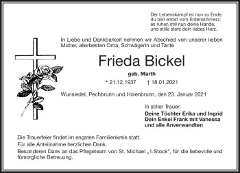 Traueranzeige von Frieda Bickel von Frankenpost