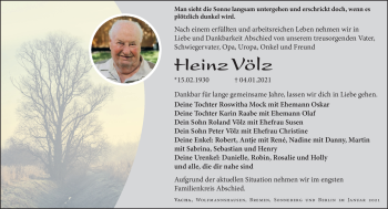 Traueranzeige von Heinz Völz von Südthüringer Presse