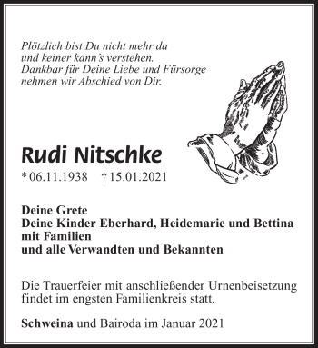 Traueranzeige von Rudi Nitschke von Südthüringer Presse