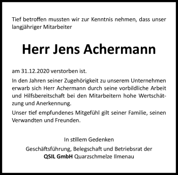 Traueranzeige von Jens Achermann von Südthüringer Presse