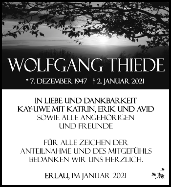 Traueranzeige von Wolfgang Thiede von Südthüringer Presse