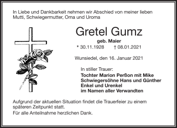 Traueranzeige von Gretel Gumz von Frankenpost